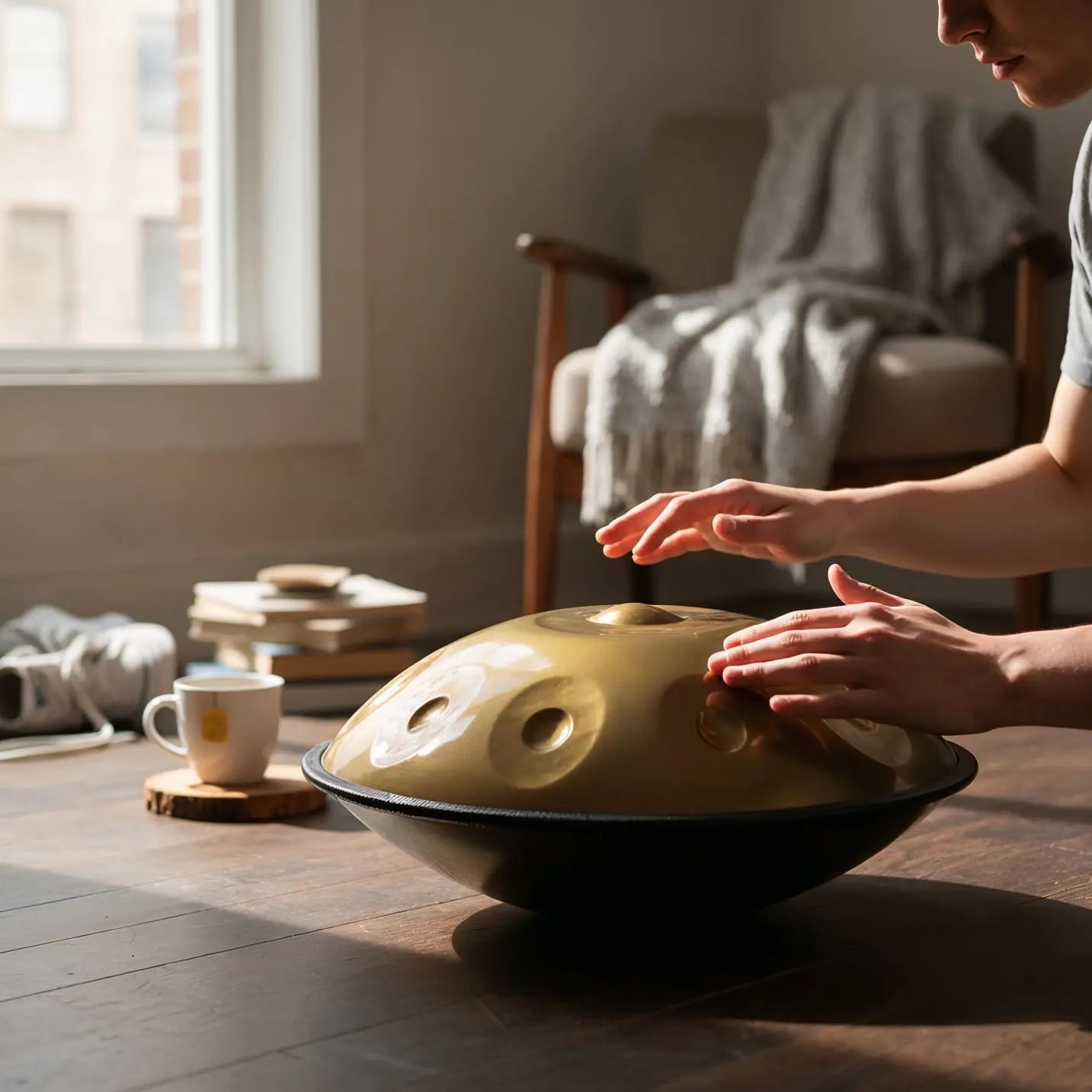 Handpan Altara posé sur sol naturel – handpan pas cher livré depuis atelier OreliaMusic